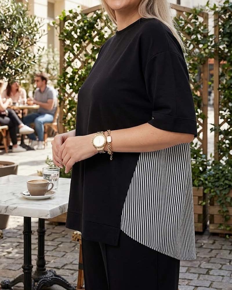 Casual blouse met patchwork en krijtstreep