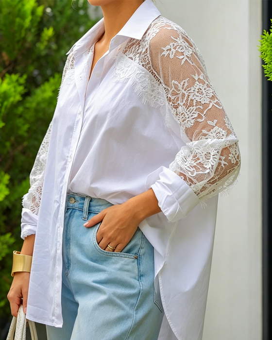 Blouse Kant Patchwork Slag Lange Mouw