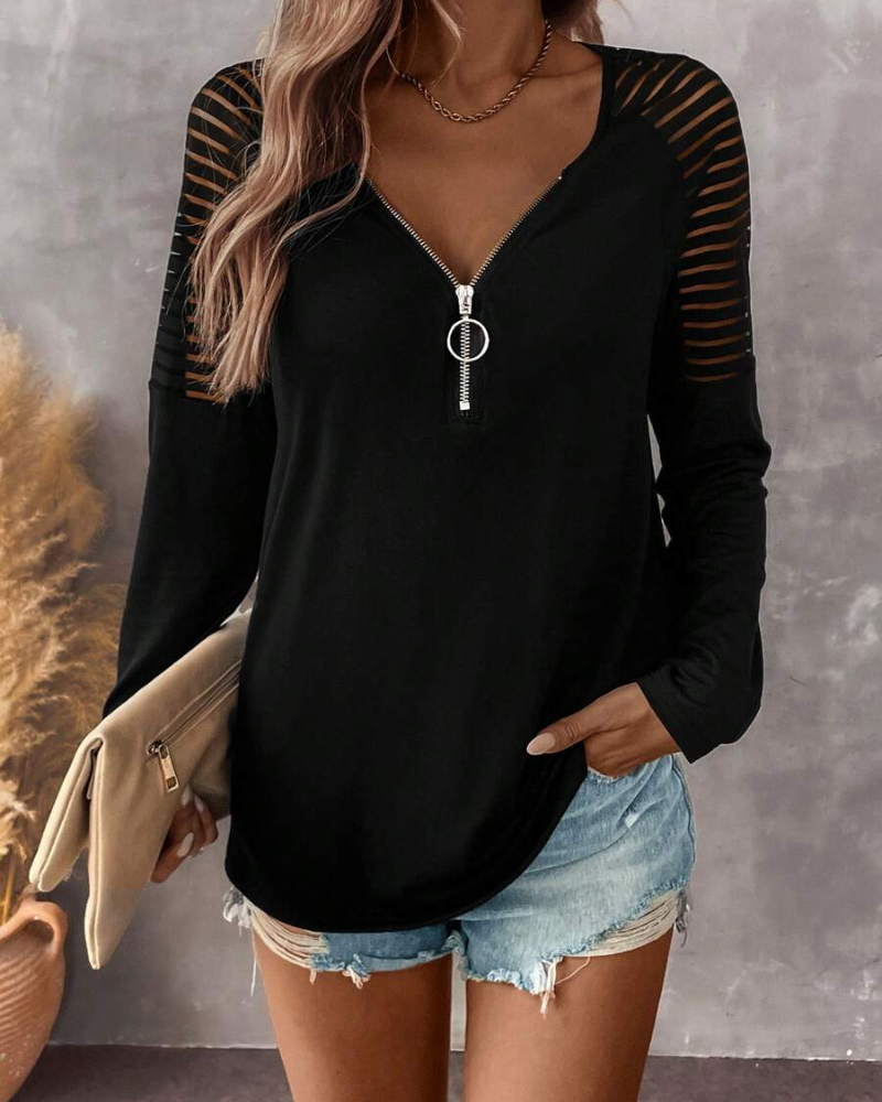 Top Met Rits Detail, Lang Mouw Ontwerp En Enkelkleurige Stijl