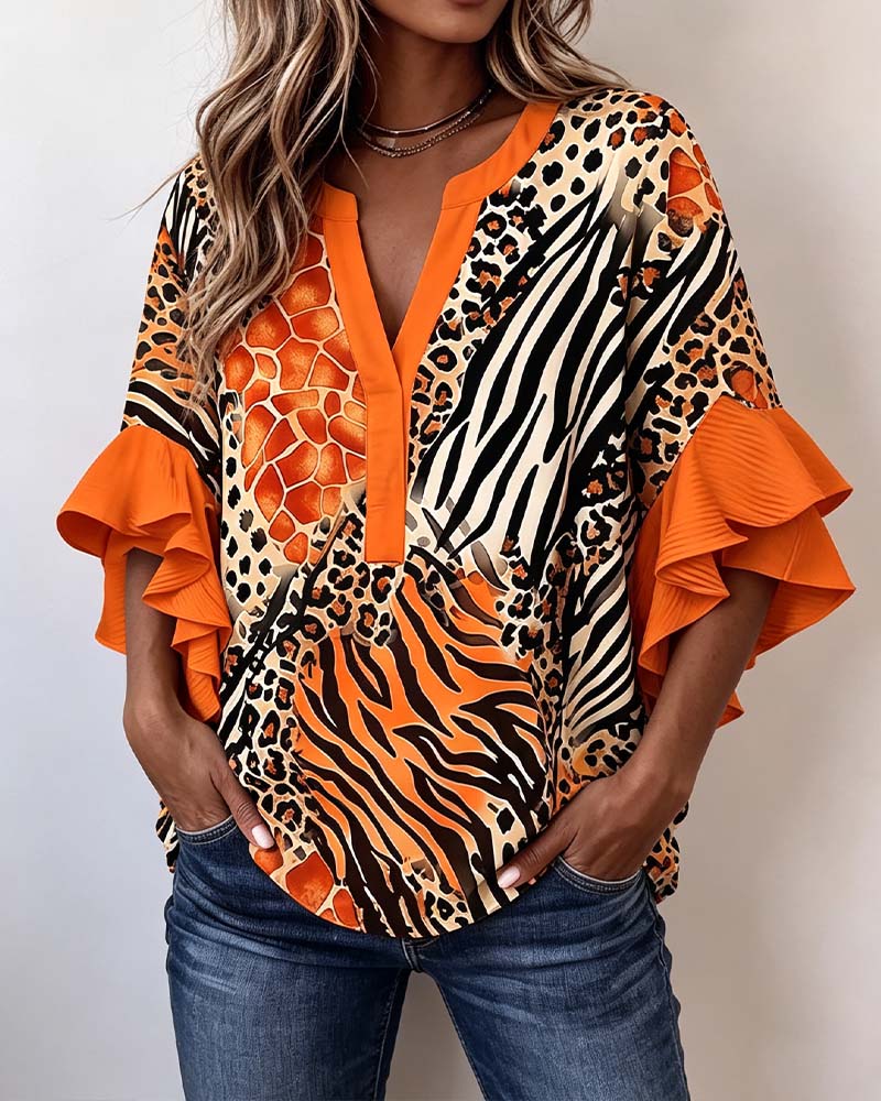 Blouse Zebra Luipaard Print Ruffle Mouw