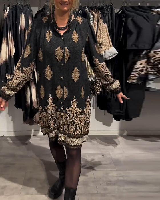 Vintage printjurk met revers en knoopjes