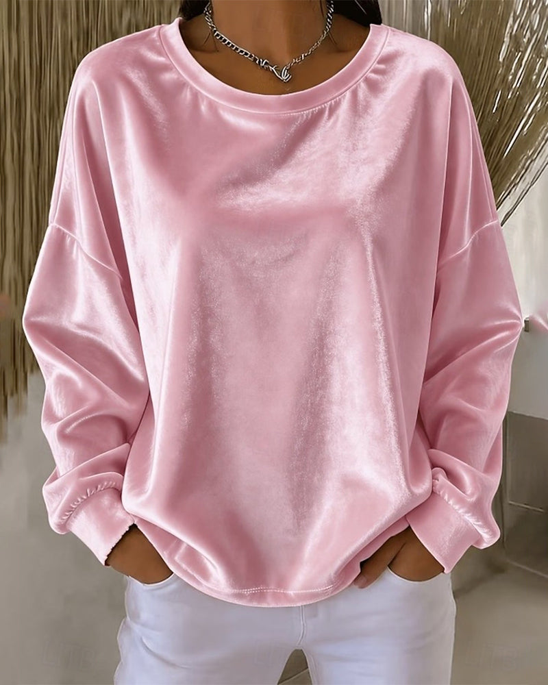Blouse Ronde Hals Drop Schouder Relaxed Lange Mouw