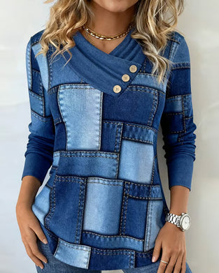 Langmouwige Top Met V-Hals En Effen Contrast