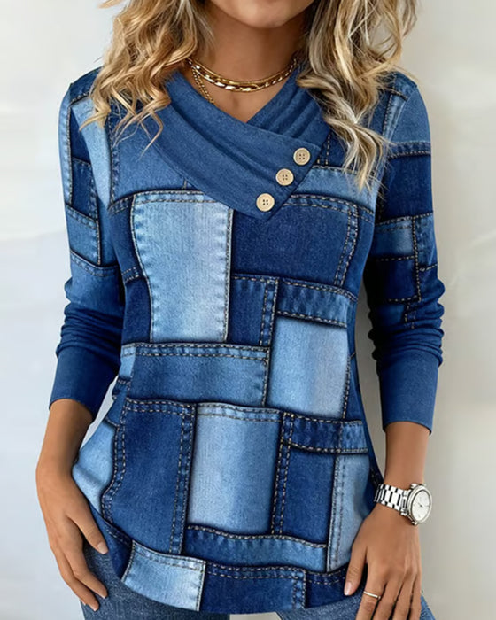 Langmouwige Top Met V-Hals En Effen Contrast