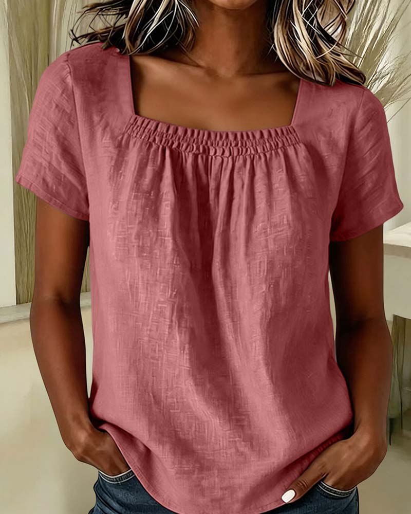Blouse Vierkante Hals Gerimpeld Korte Mouw