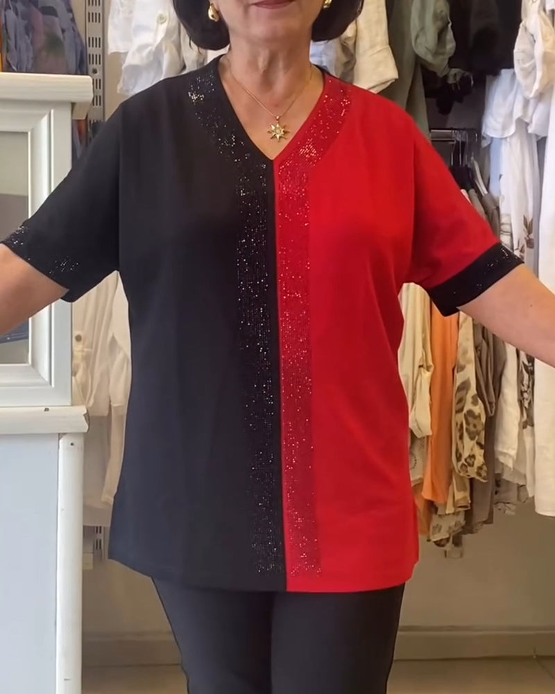 T-Shirt V-Hals Kleurblok Los