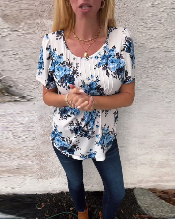T-Shirt Met Ronde Hals Bloemenprint Geplisseerd