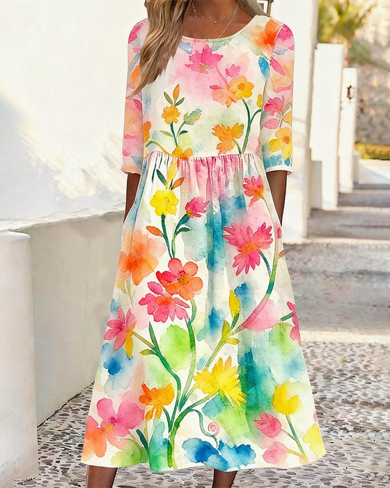 Jurk Aquarel Bloemenprint Ronde Hals