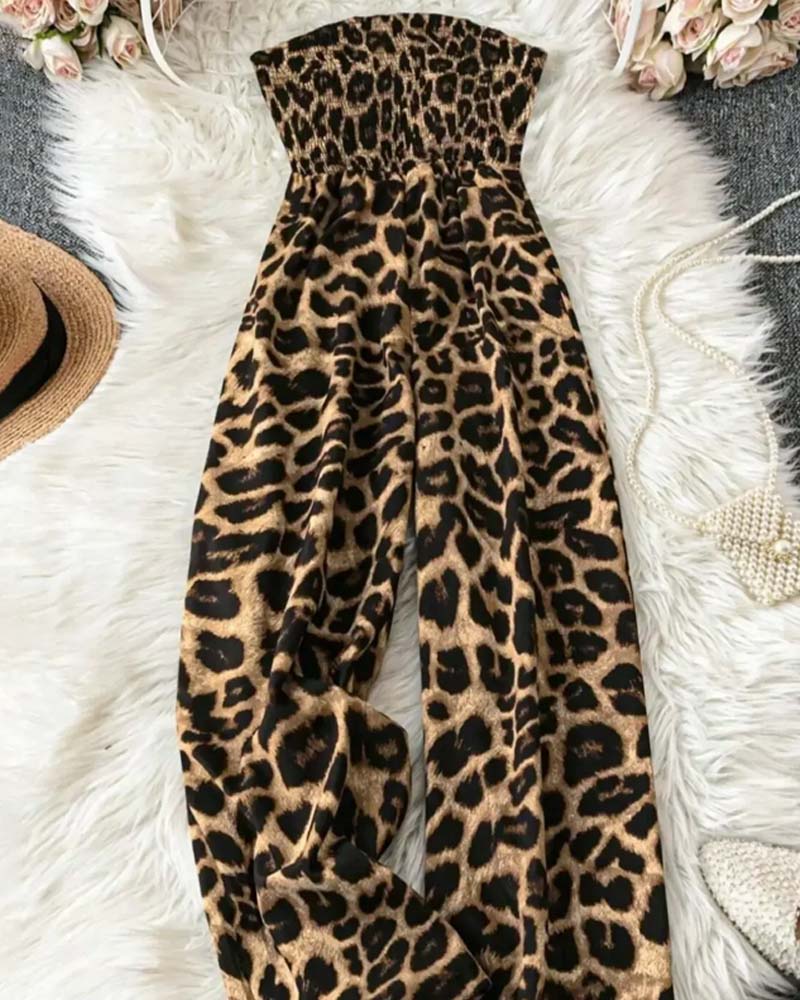 Jumpsuit Mouwloos Luipaard Afdruk Breed Been Getailleerd