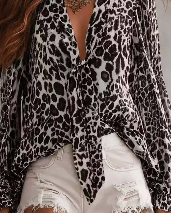 Blouse V‑hals Luipaardprint Doorzichtig Lange‑mouw