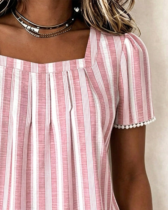 Blouse Gestreept Vierkante Hals Korte Mouw