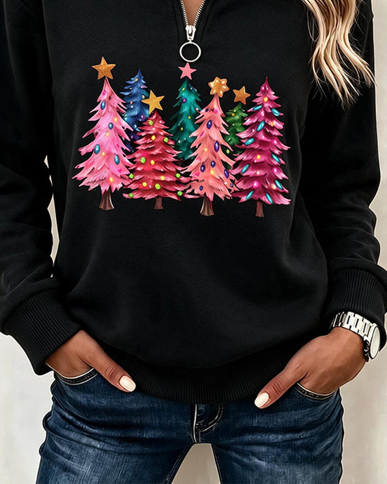 Sweatshirt Half-Zip Kerstboom Print