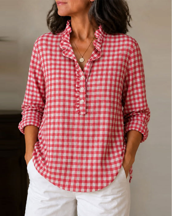 Blouse Ruche Rand Mandarin Kraag Ruit