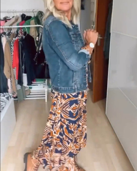 Casual denim jas met reversknoop en lange mouwen