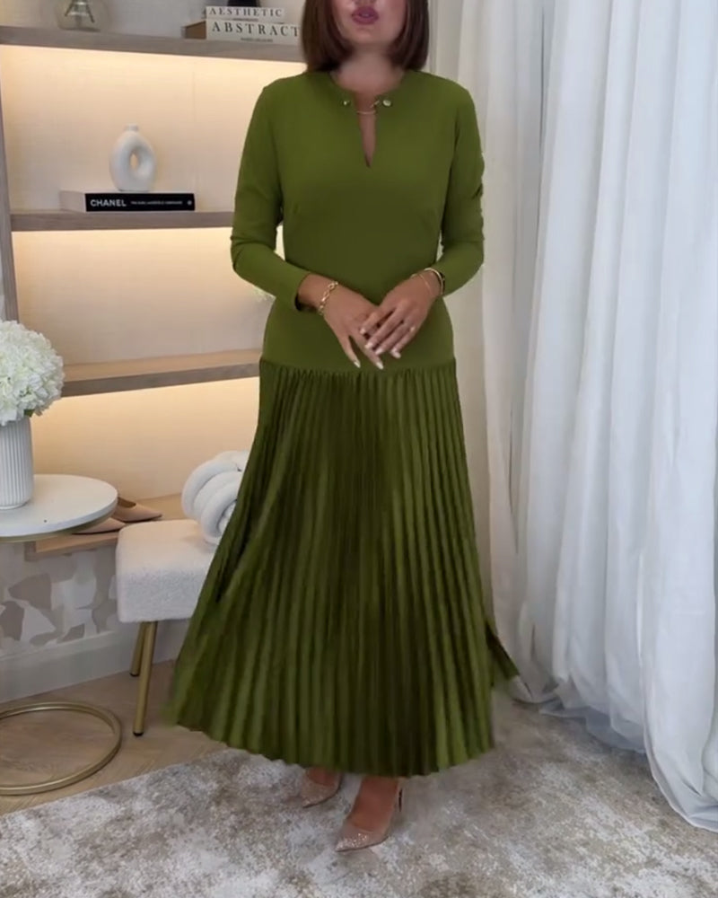 Casual effen kleur jurk met lange mouw en plooi