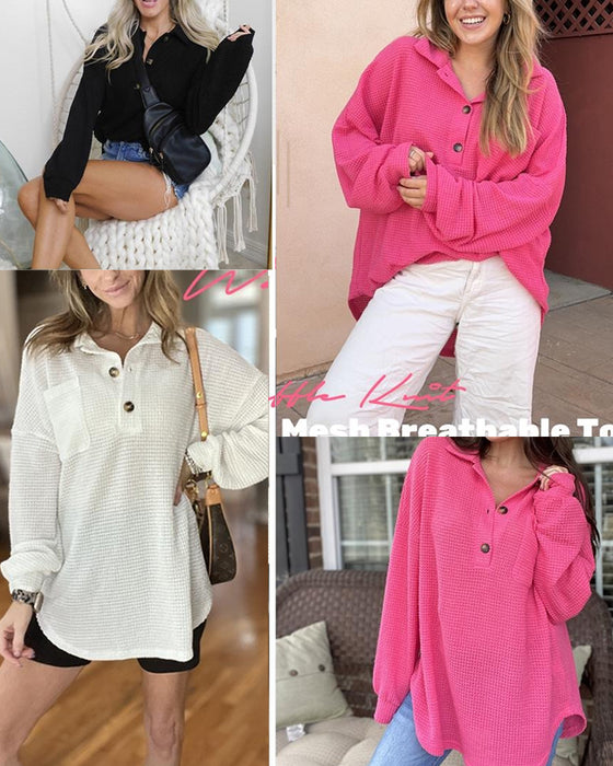 Blouse Effen Knoop-Down Los Kraag