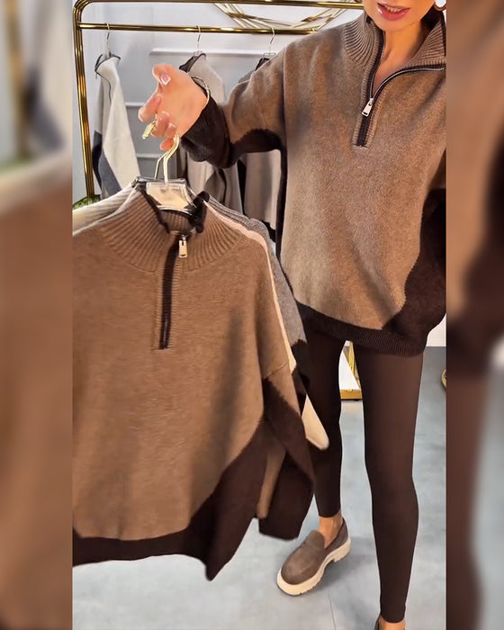 Pullover Met Halfrits En Contrasterende Kleur