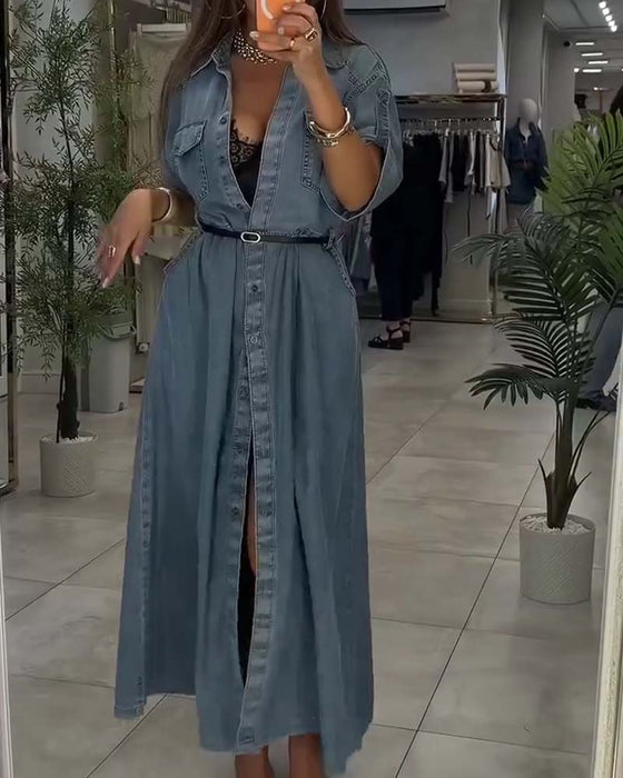 Jurk Shirt Kraag Zak Knoop Denim