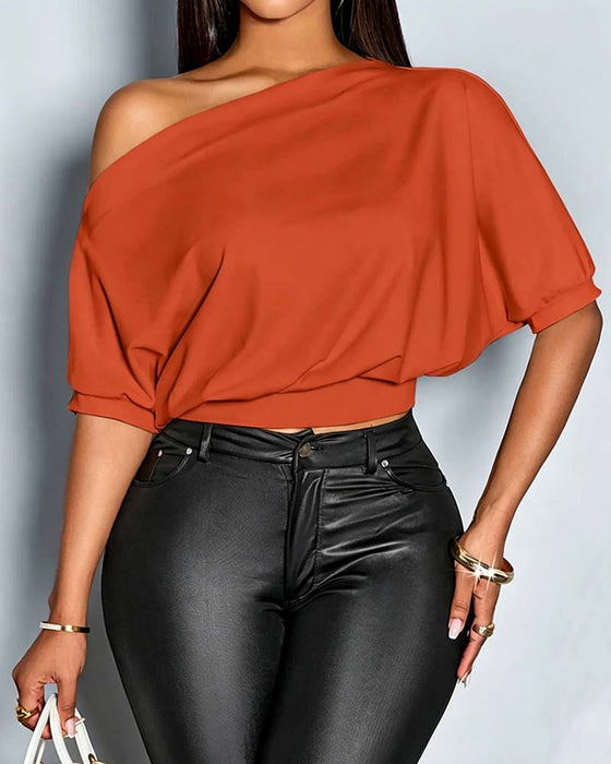 T-shirt Effen Kleur Een Schouder