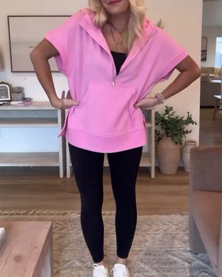 Hoodie met halve rits en korte mouwen