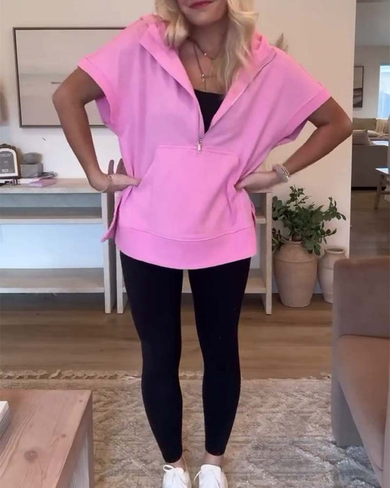 Hoodie met halve rits en korte mouwen