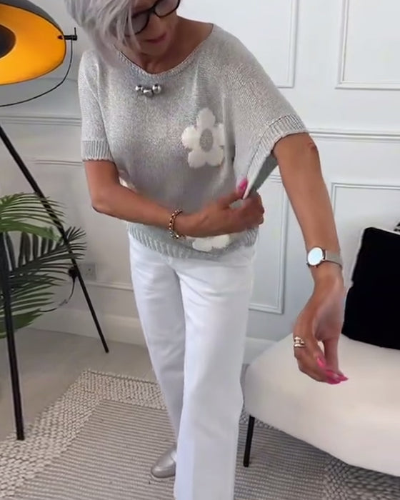 Smalle trui met ronde hals en bloemenprint