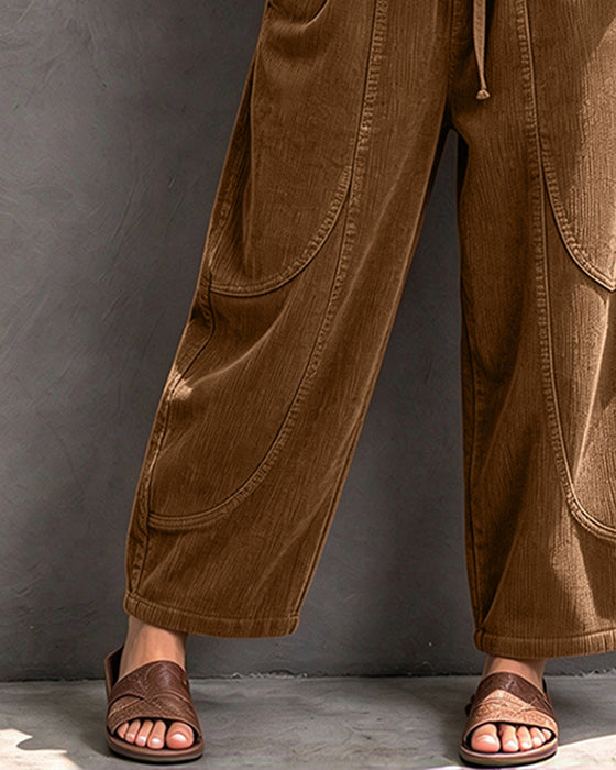 Broek Elastische Taille Kleurblok Cropped Wijd Been