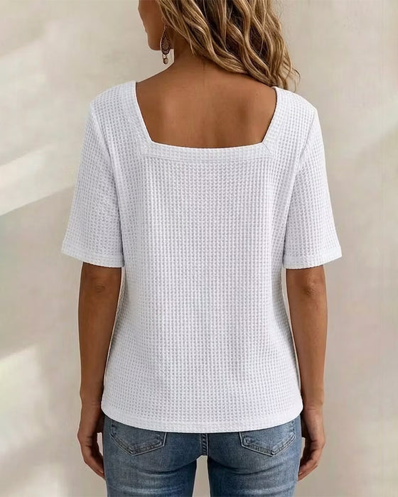 T-Shirt Vierkante Hals Knoop Wafel