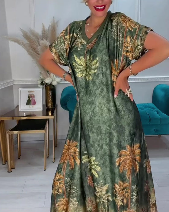 Jurk V-Hals Palmboom Print Korte Mouw Lang