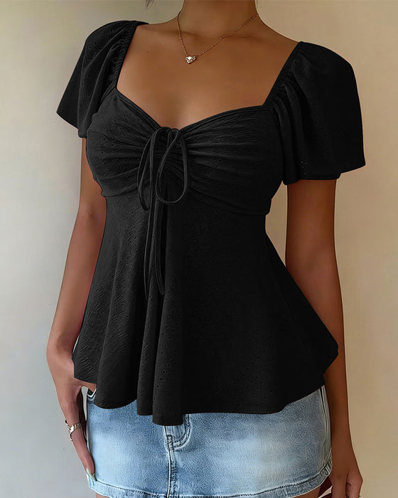 Blouse Doorgebroken Trekkoord Korte Mouw Effen