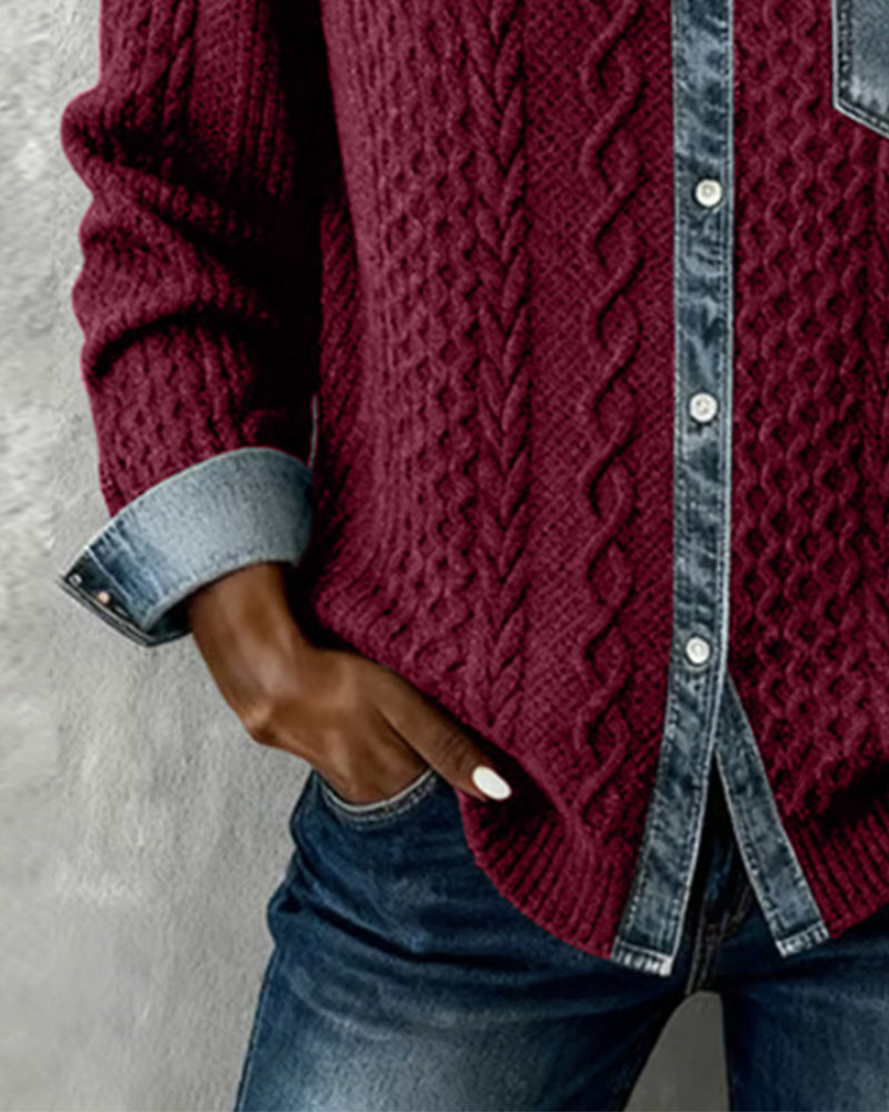 Langmouwige Blouse Met Denim-Patchwork