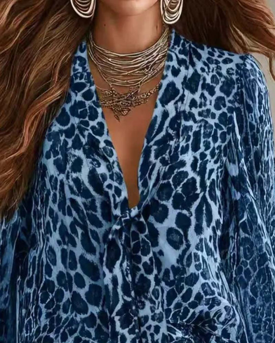 Blouse V‑hals Luipaardprint Doorzichtig Lange‑mouw