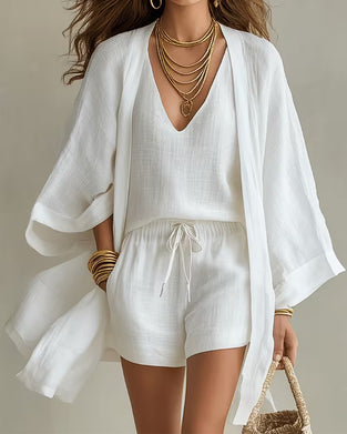 Driedelig Set V-Hals Tanktop Cardigan Shorts