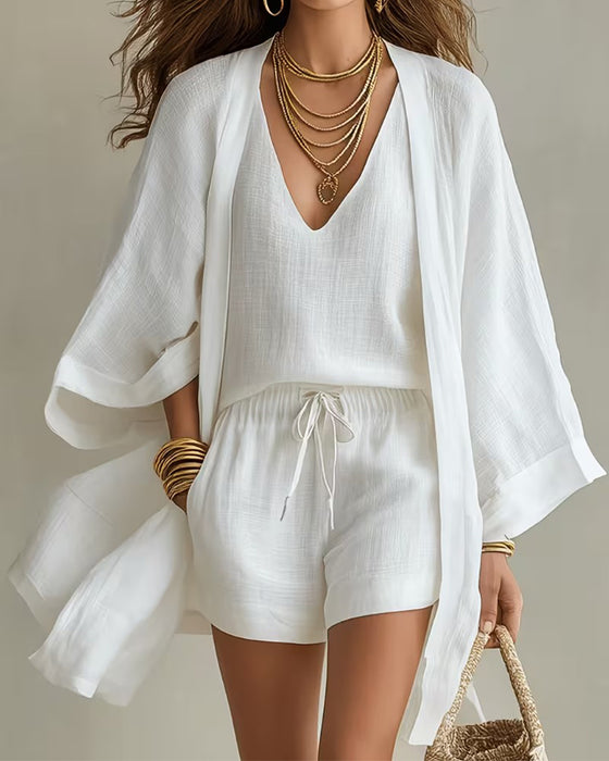 Driedelig Set V-Hals Tanktop Cardigan Shorts