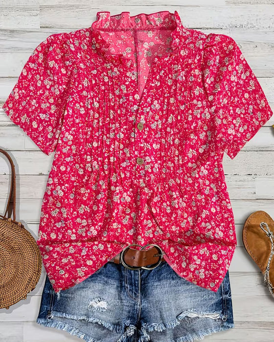 Blouse V-Hals Knoop Bloemenprint