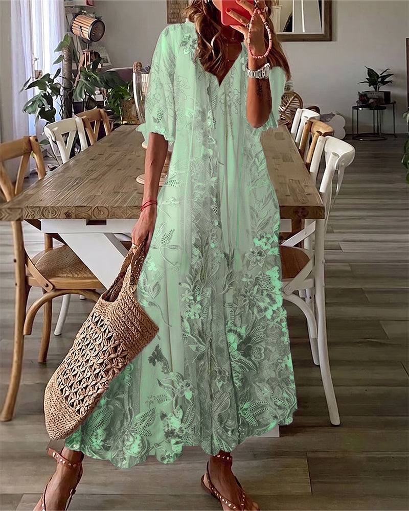 Jurk V-Hals Bloemig Ruffle Volle Rok