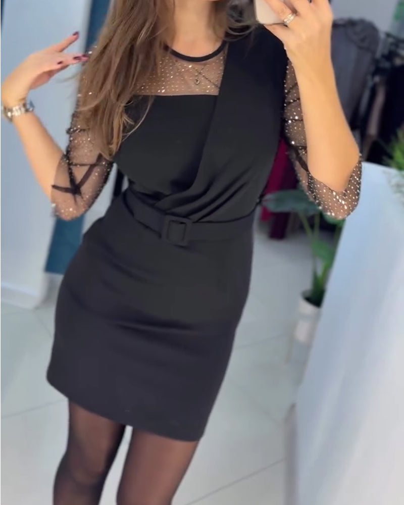 Jurk Mesh Kappe Rhinestone Slim Fit Heupomvattend