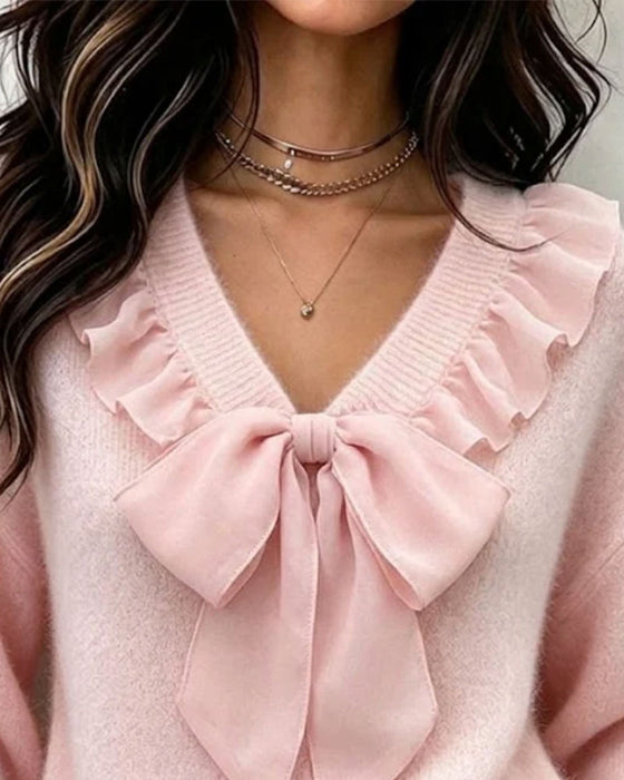 V-Hals Effenkleurige Langarmige Pullover Met Strikdetail