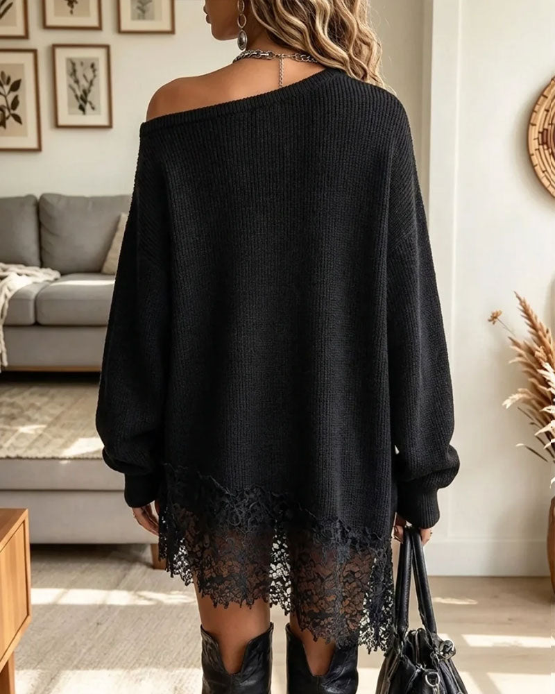 Jurk Off-Shoulder Kant Patchwork Trui