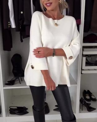 Mode effen kleur pullover met ronde hals en knoop