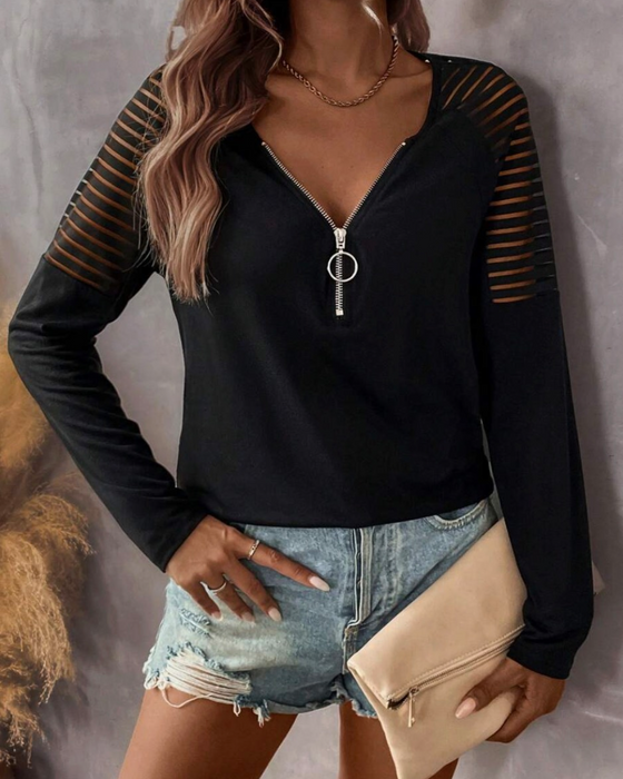 Top Met Rits Detail, Lang Mouw Ontwerp En Enkelkleurige Stijl