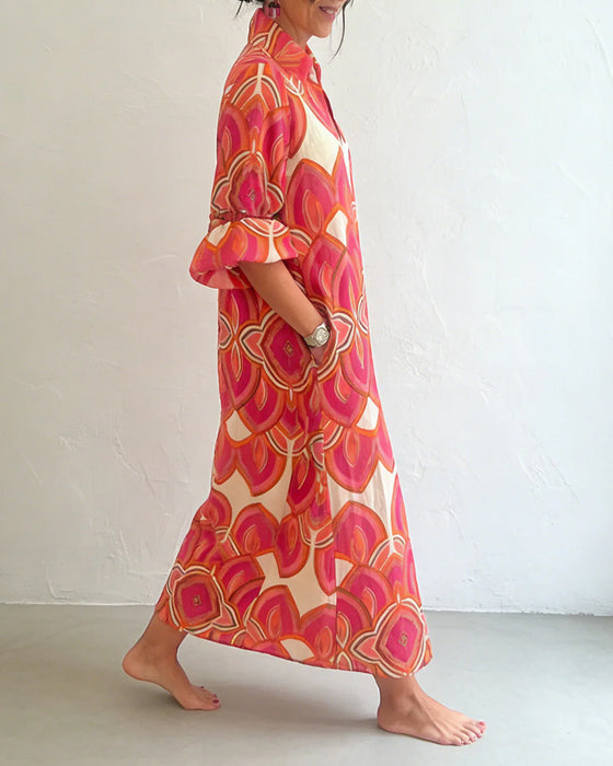 Jurk Elegant V-Hals Lange Mouw Bloemen