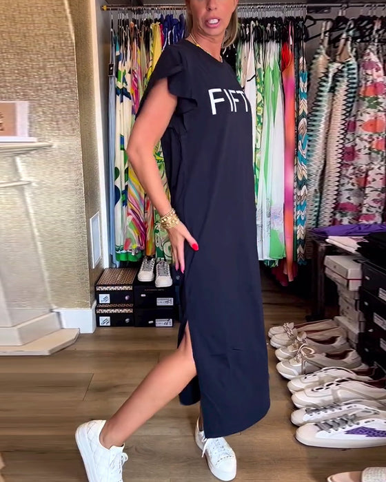 Casual jurk met letterprint en ruches aan de mouwen en split