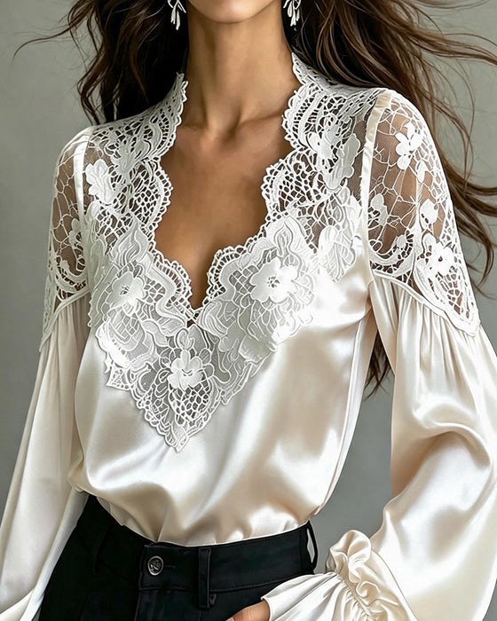 Blouse V-Hals Ruffle Kant Uitsnede