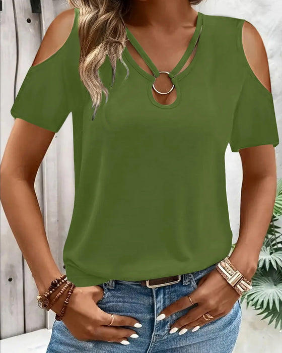 T-Shirt Off-Shoulder Ring Gesp Korte Mouw