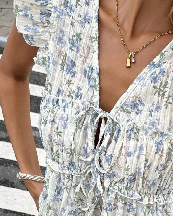 Blouse Bloemen Flutter Mouw V-Hals Strik