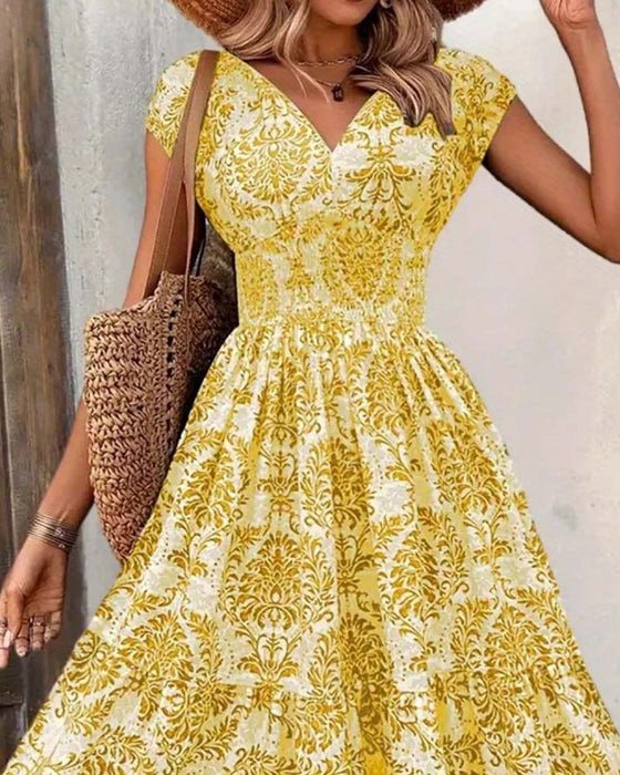 Jurk Retro Print V-Hals Ingesnoerde Taille Lang