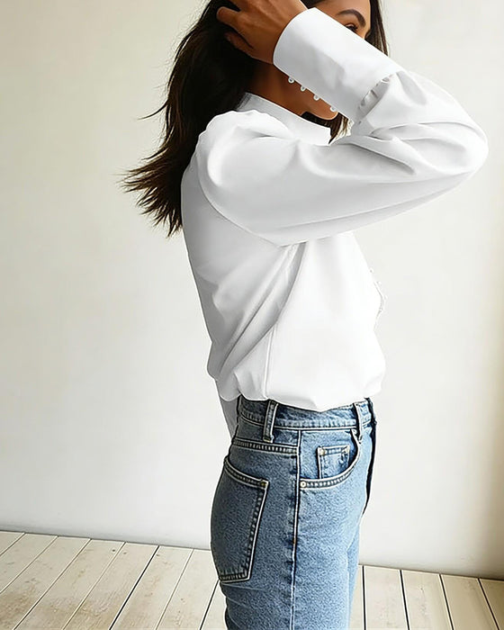 Blouse Opstaande Kraag Knoopsluiting Lange Mouw
