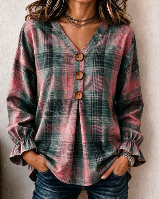 Geruit V-Hals Houten Knoop Ruche Mouw Blouse