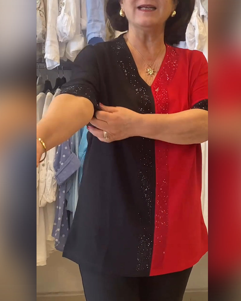 T-Shirt V-Hals Kleurblok Los